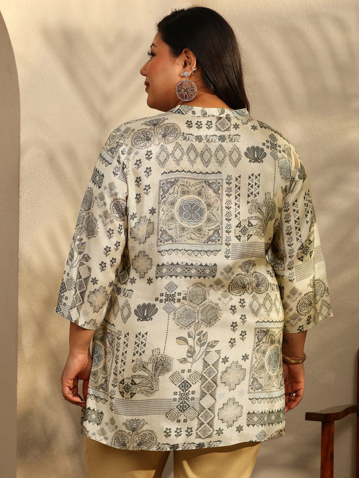 Plus Size Beige Printed Muslin Straight Short Kurti