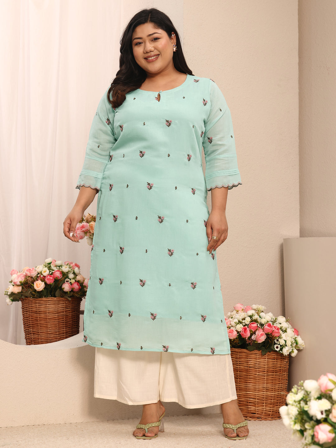 Plus Size Blue Floral Embroidered Chanderi Silk Straight Kurta