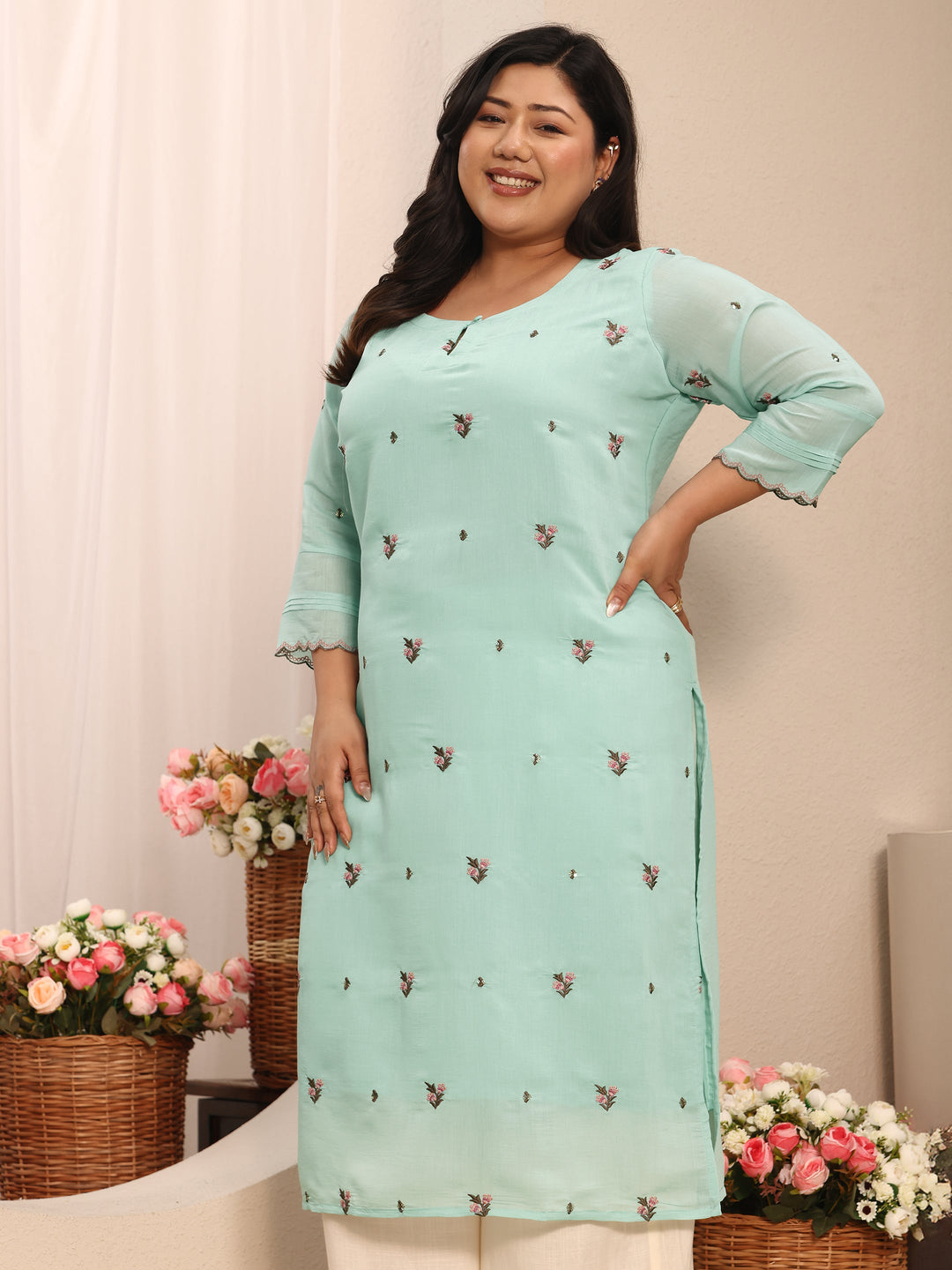 Plus Size Blue Floral Embroidered Chanderi Silk Straight Kurta