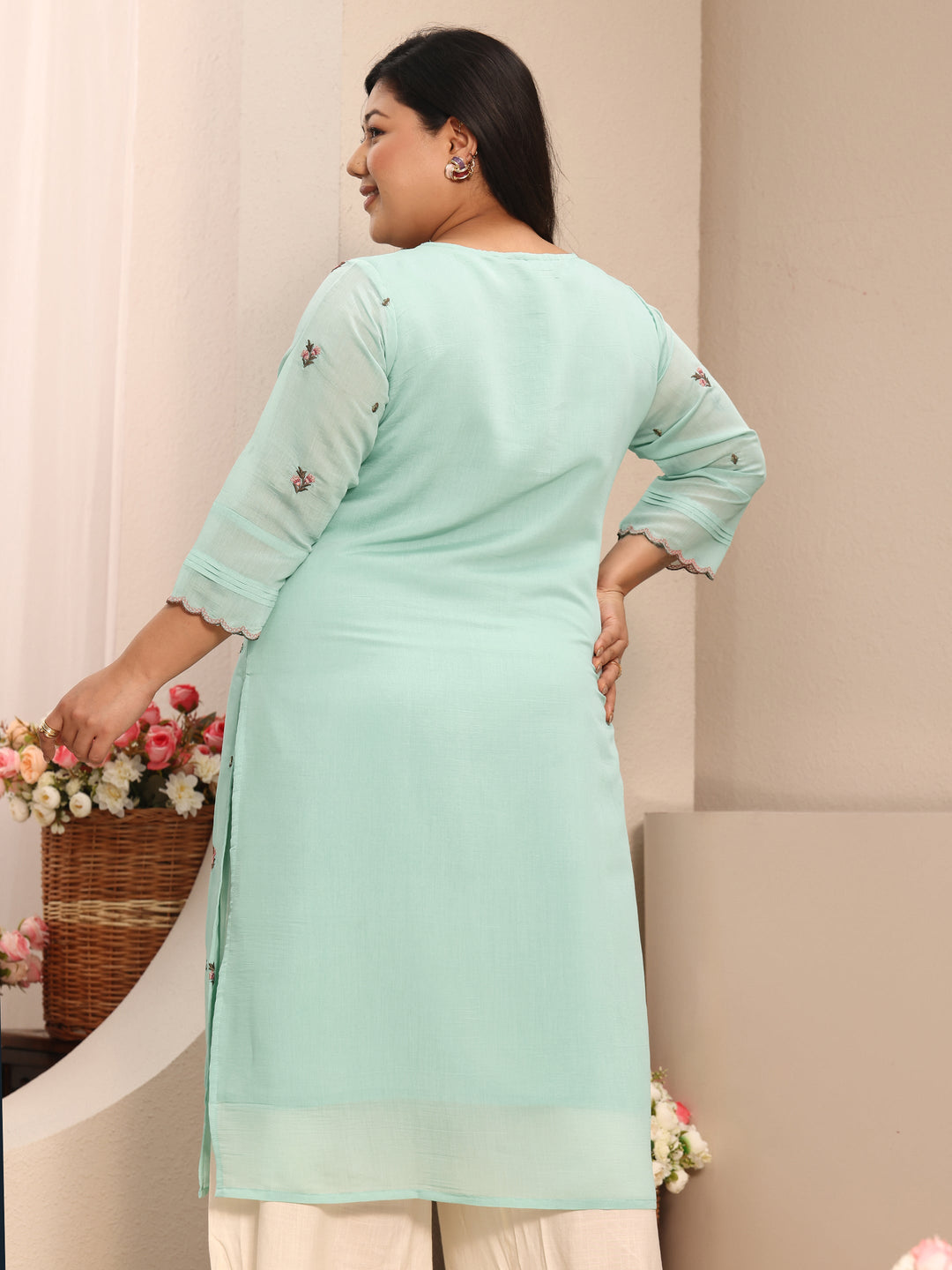 Plus Size Blue Floral Embroidered Chanderi Silk Straight Kurta