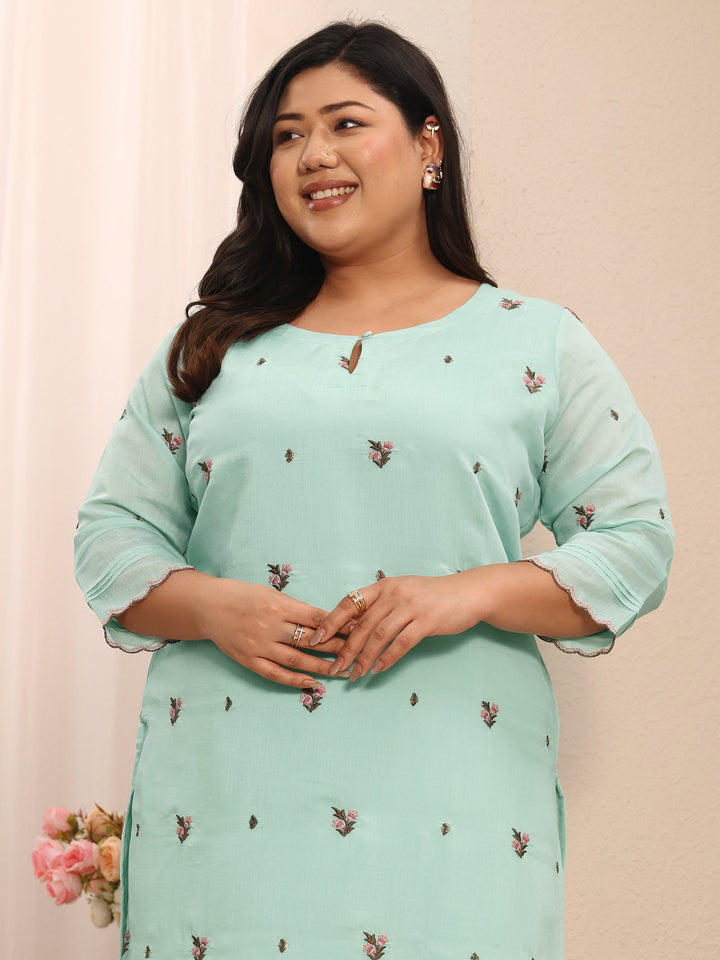 Plus Size Blue Floral Embroidered Chanderi Silk Straight Kurta
