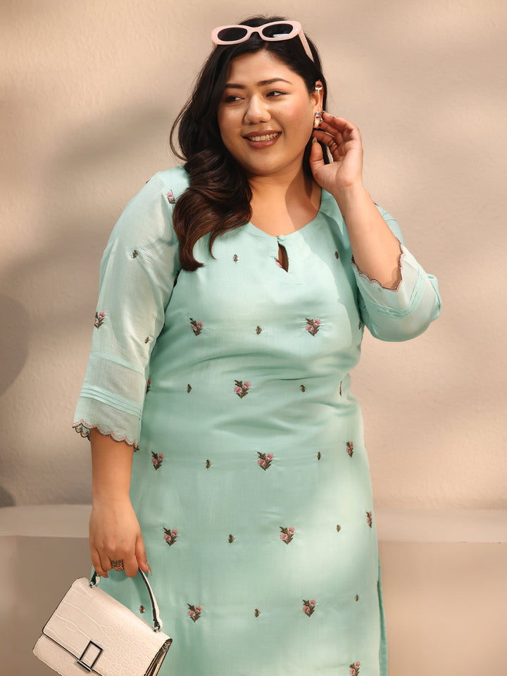 Plus Size Blue Floral Embroidered Chanderi Silk Straight Kurta