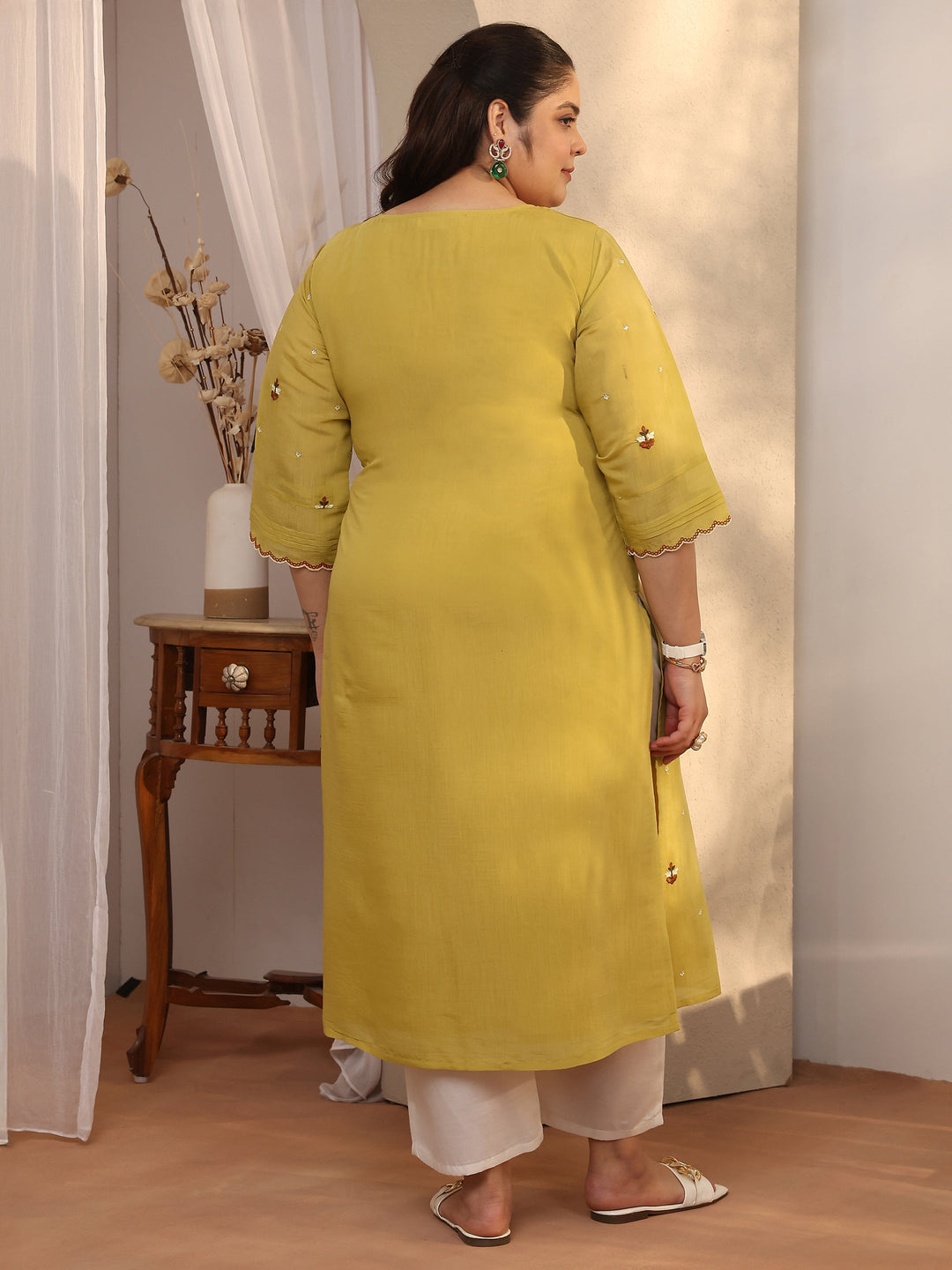 Plus Size Green Embroidered Chanderi Cotton Straight Kurta