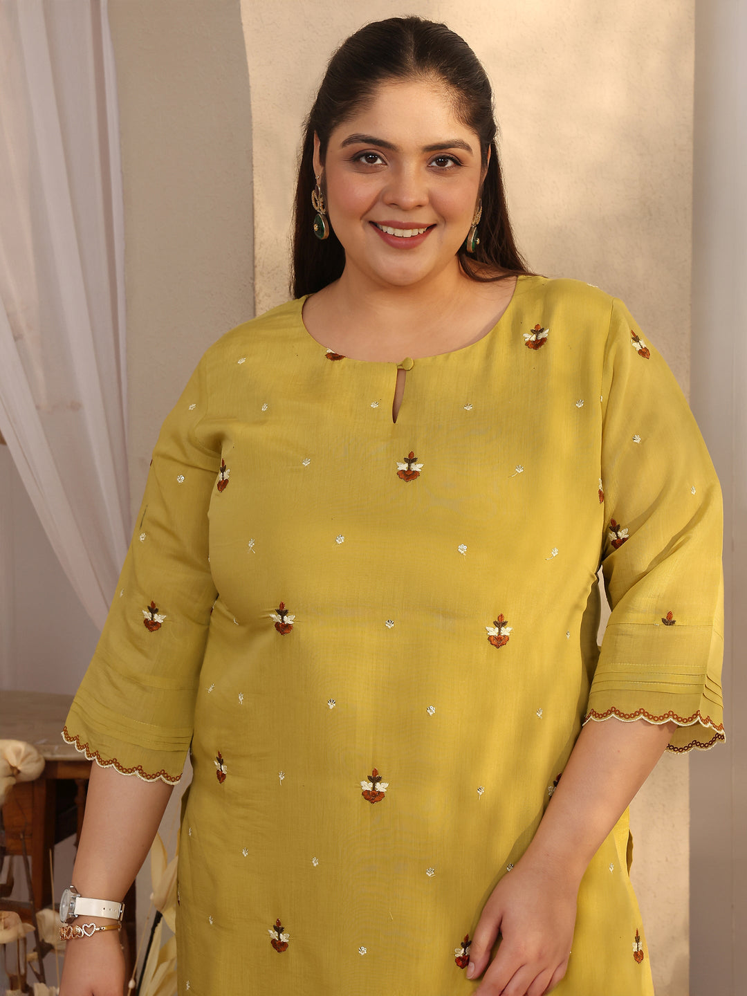 Plus Size Green Embroidered Chanderi Cotton Straight Kurta