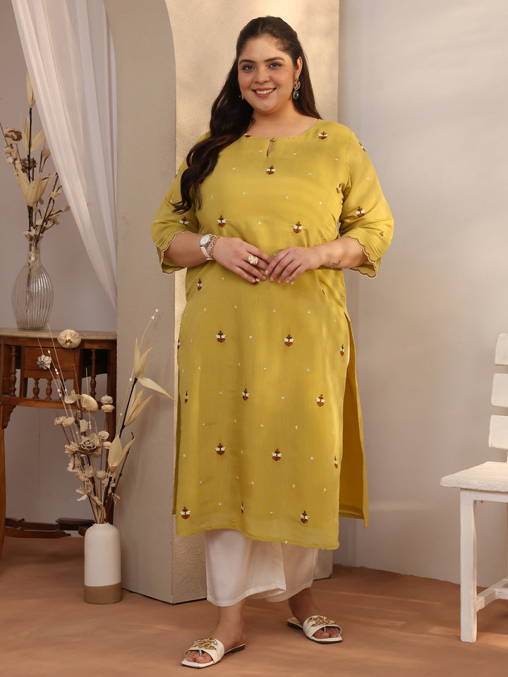 Plus Size Green Embroidered Chanderi Cotton Straight Kurta