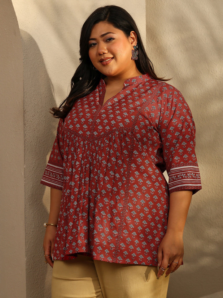 Plus Size Block Printed Cotton A-Line Short Kurti
