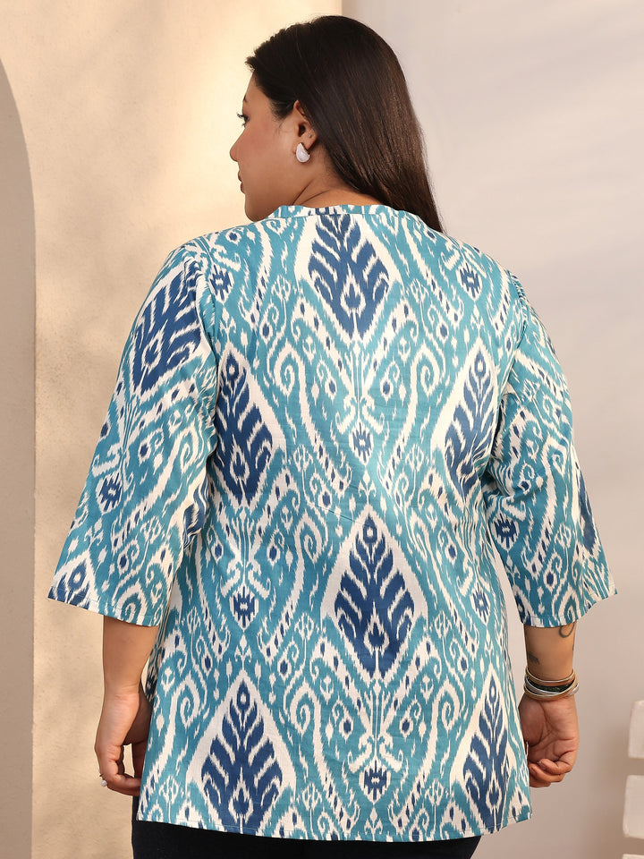 Plus Size Blue Printed Cotton Straight Short Kurti