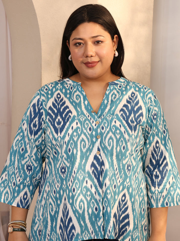 Plus Size Blue Printed Cotton Straight Short Kurti
