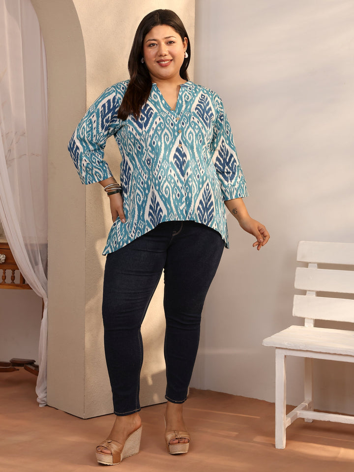 Plus Size Blue Printed Cotton Straight Short Kurti