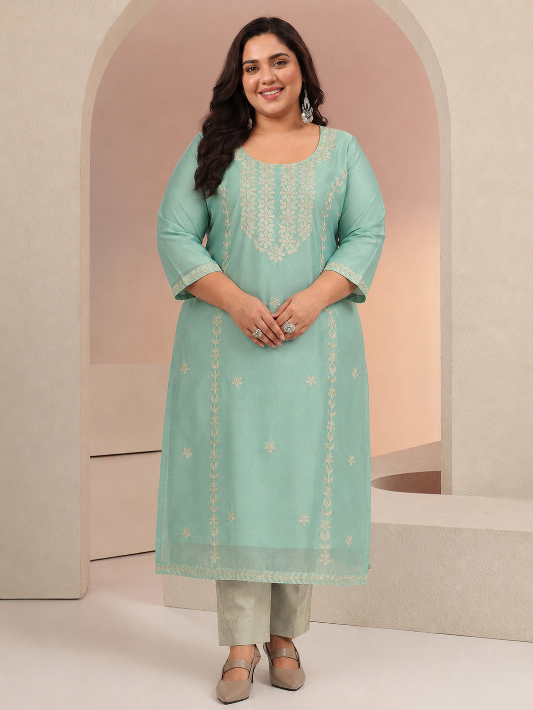 Plus Size Mint Green Floral Embroidered Silk Blend Straight Kurta