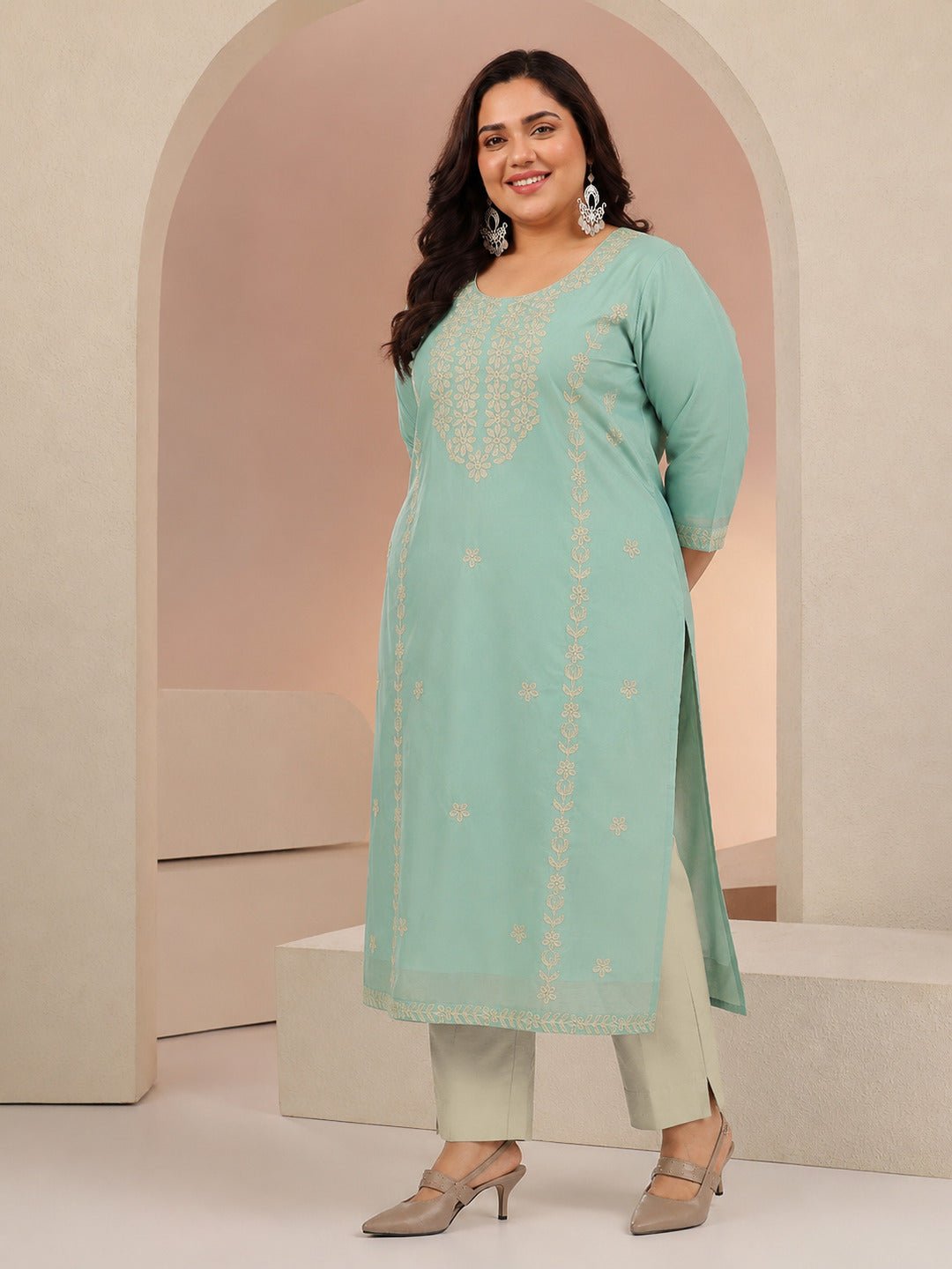 Plus Size Mint Green Floral Embroidered Silk Blend Straight Kurta
