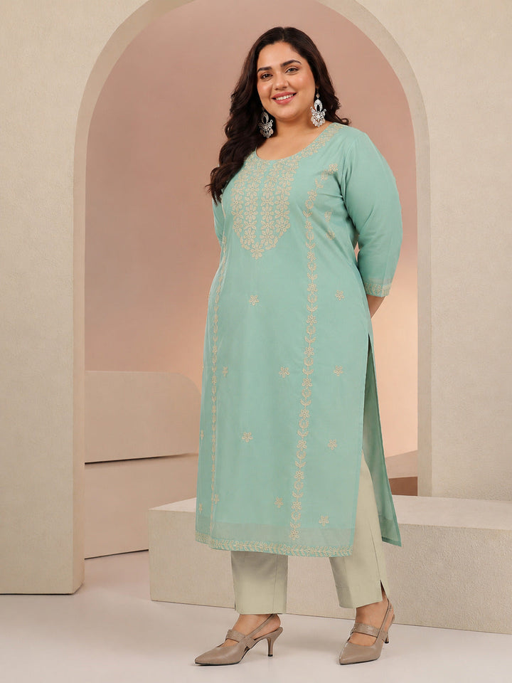 Plus Size Mint Green Floral Embroidered Silk Blend Straight Kurta
