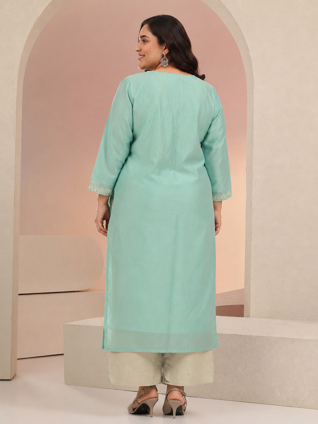 Plus Size Mint Green Floral Embroidered Silk Blend Straight Kurta