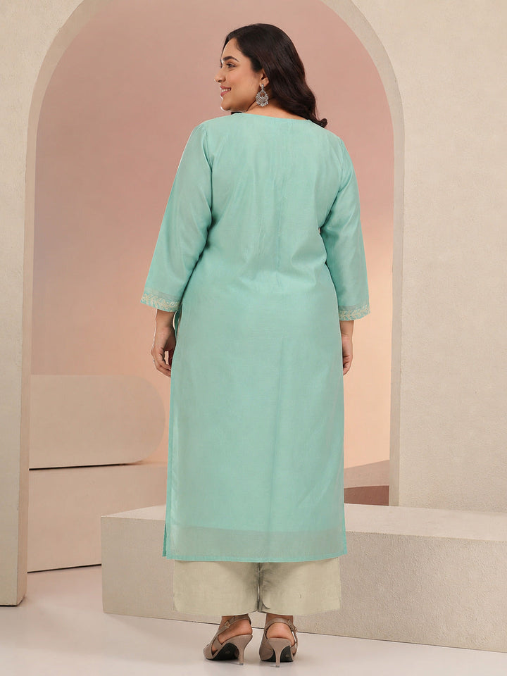Plus Size Mint Green Floral Embroidered Silk Blend Straight Kurta