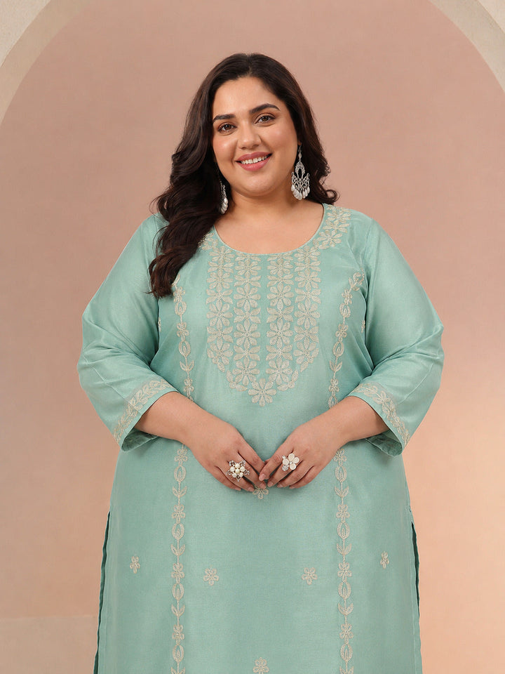 Plus Size Mint Green Floral Embroidered Silk Blend Straight Kurta