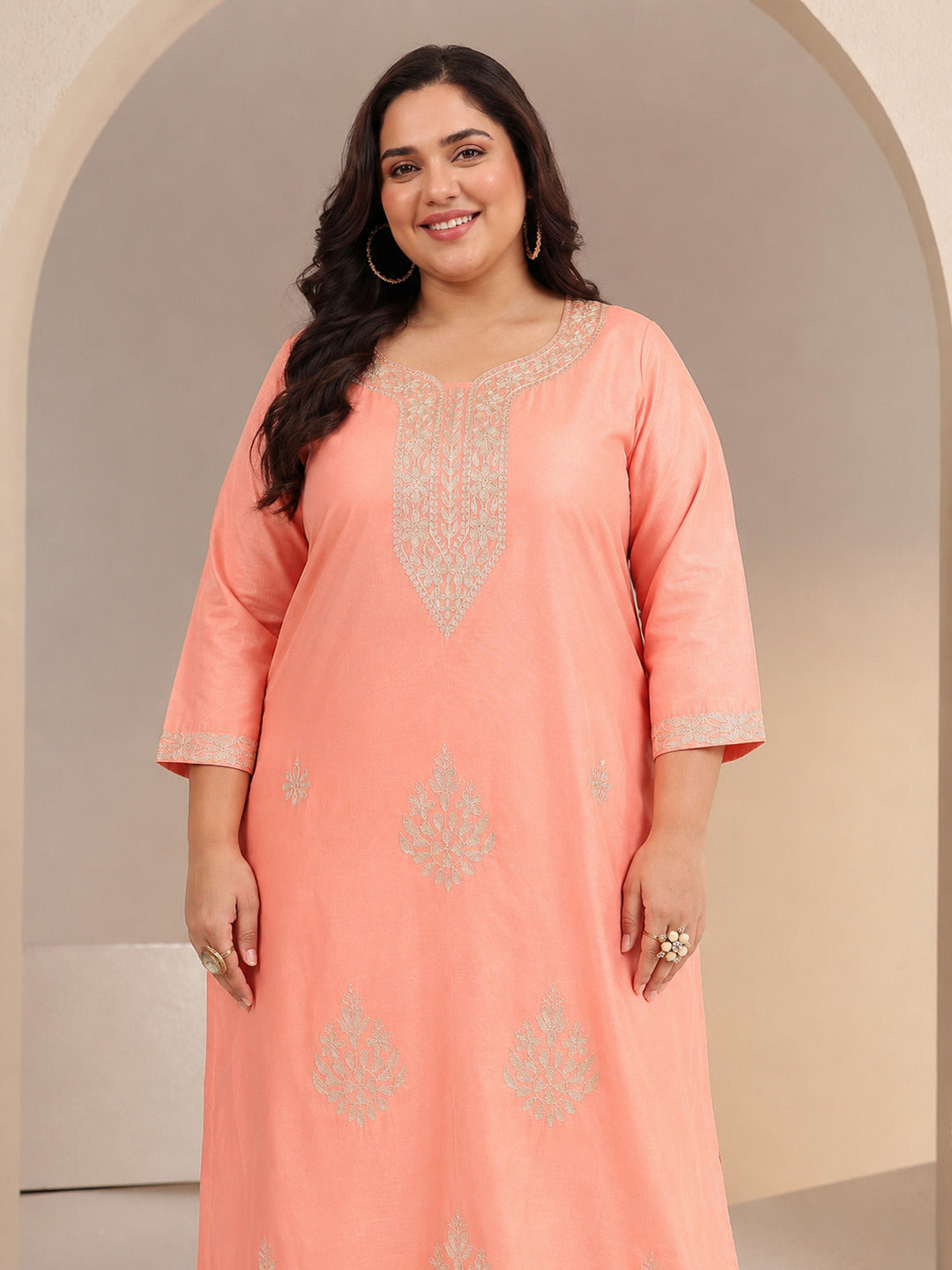 Plus Size Peach Floral Embroidered Silk Blend Straight Kurta