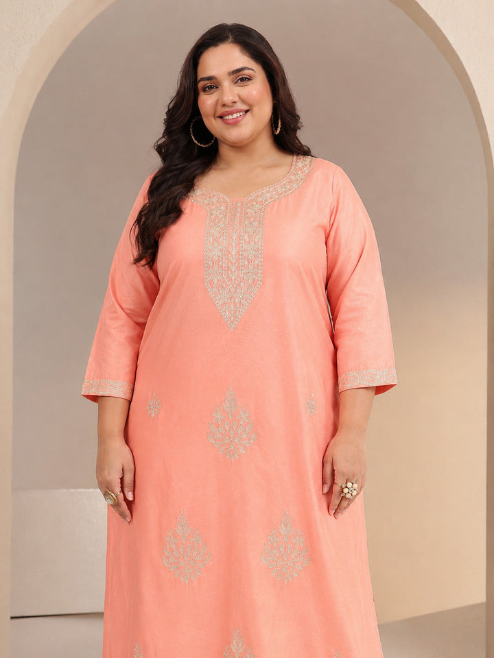 Plus Size Peach Floral Embroidered Silk Blend Straight Kurta
