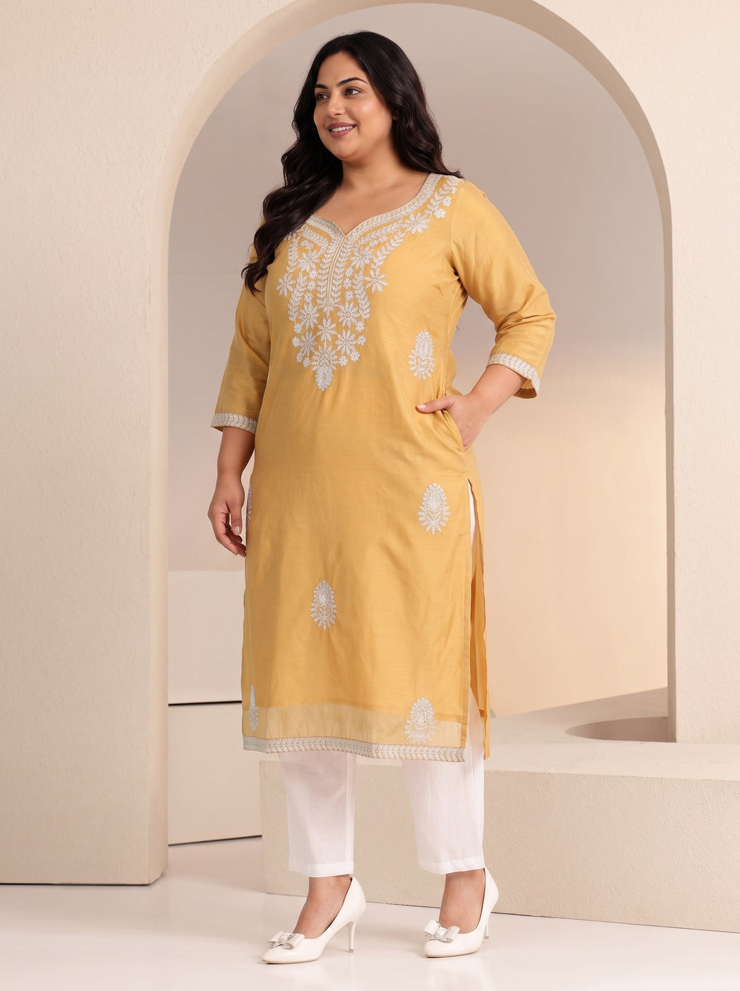 Plus Size Mustard Floral Embroidered Silk Blend Straight Kurta