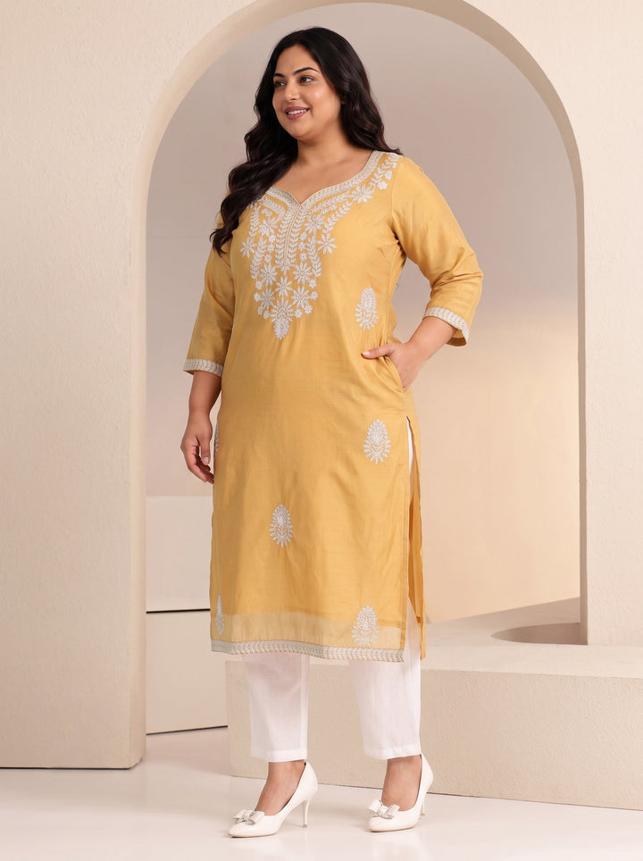 Plus Size Mustard Floral Embroidered Silk Blend Straight Kurta