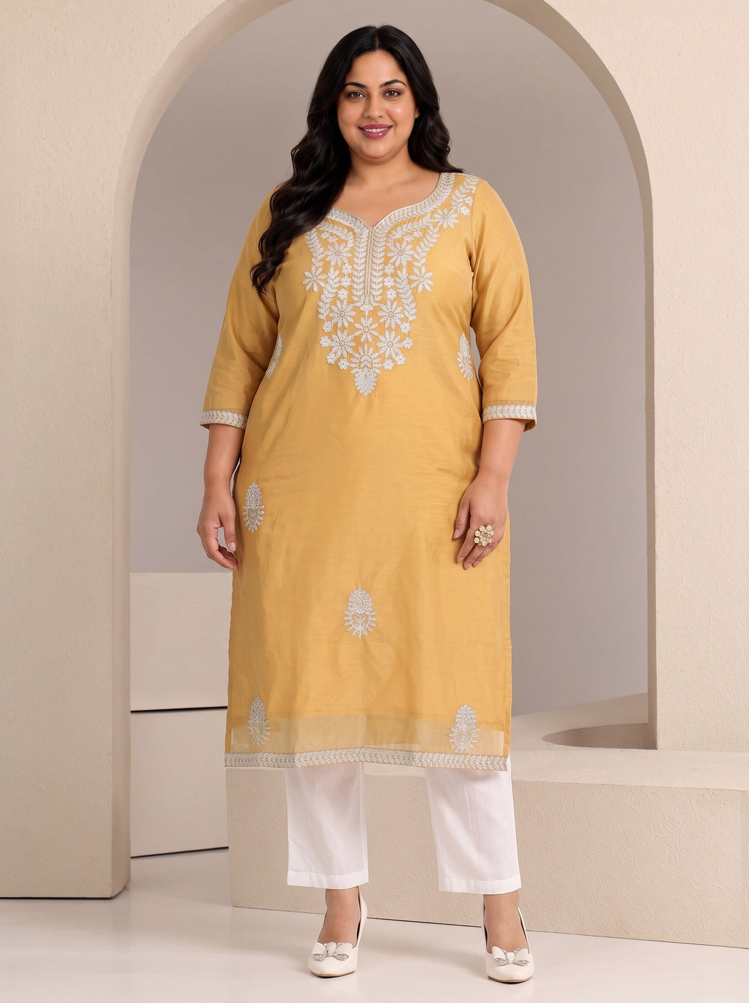 Plus Size Mustard Floral Embroidered Silk Blend Straight Kurta
