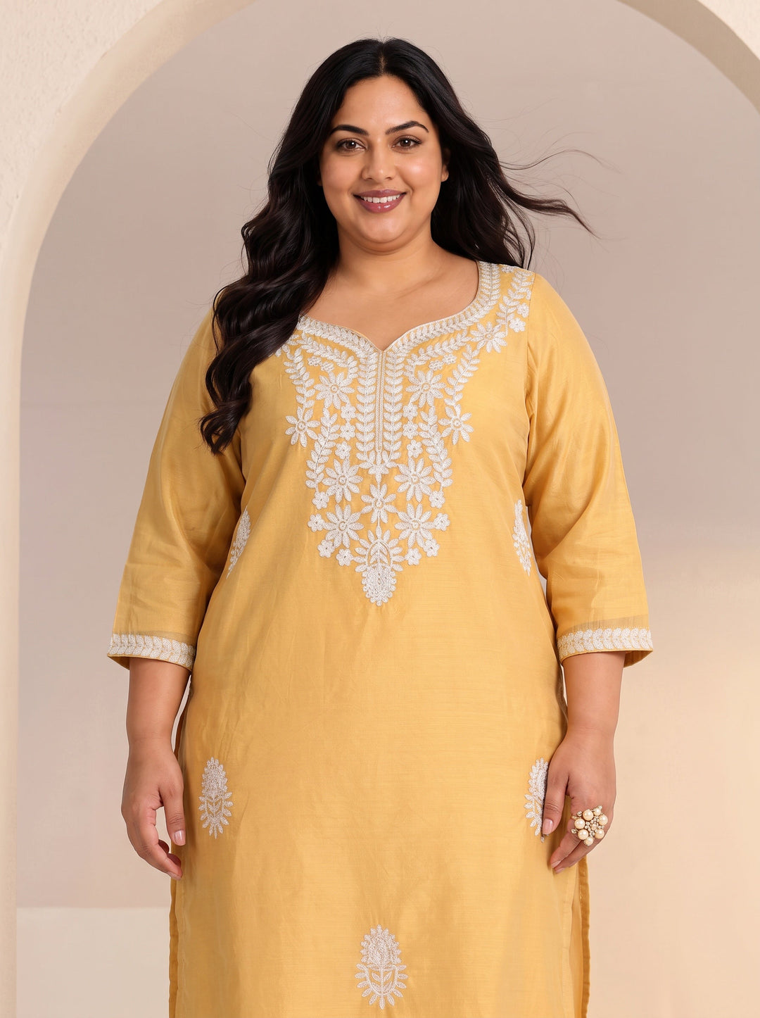 Plus Size Mustard Floral Embroidered Silk Blend Straight Kurta