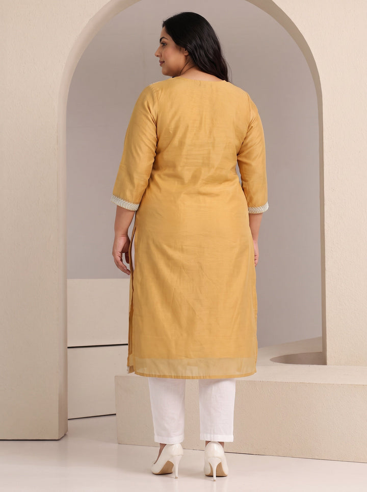Plus Size Mustard Floral Embroidered Silk Blend Straight Kurta
