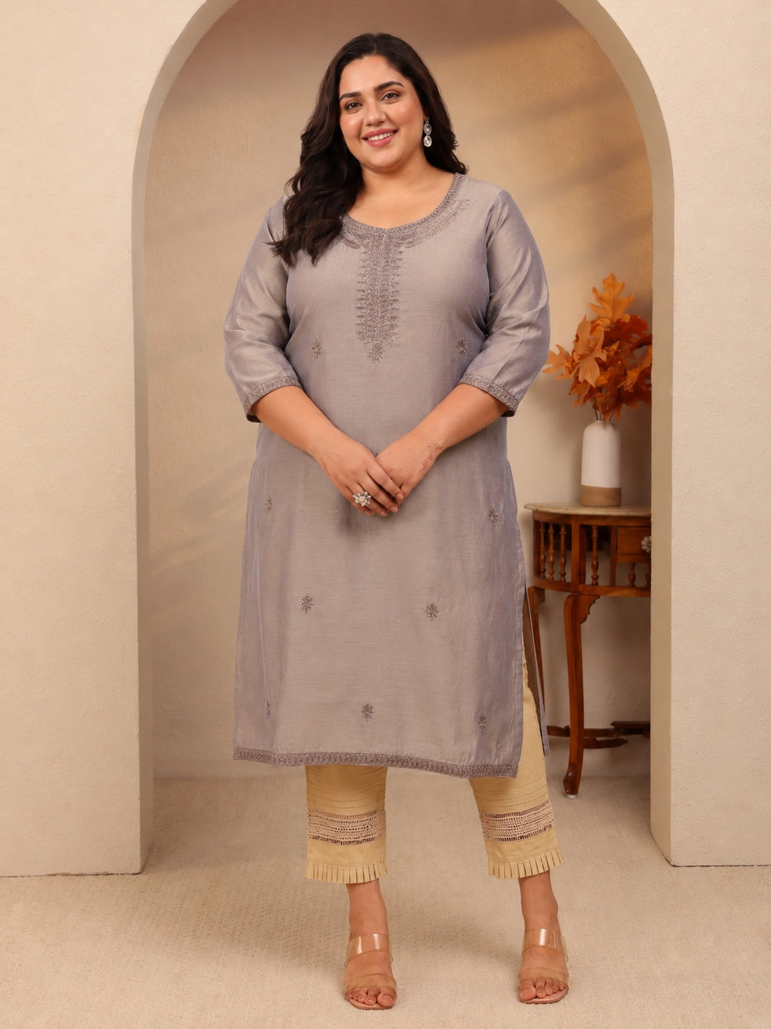 Plus Size Grey Embroidered Silk Straight Kurta