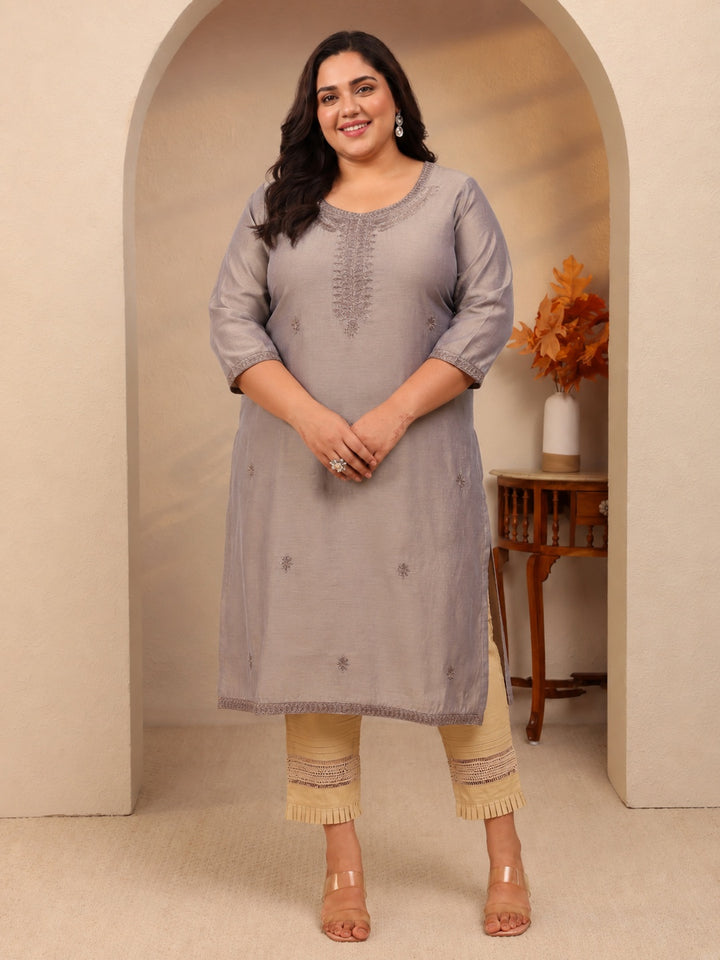 Plus Size Grey Embroidered Silk Straight Kurta