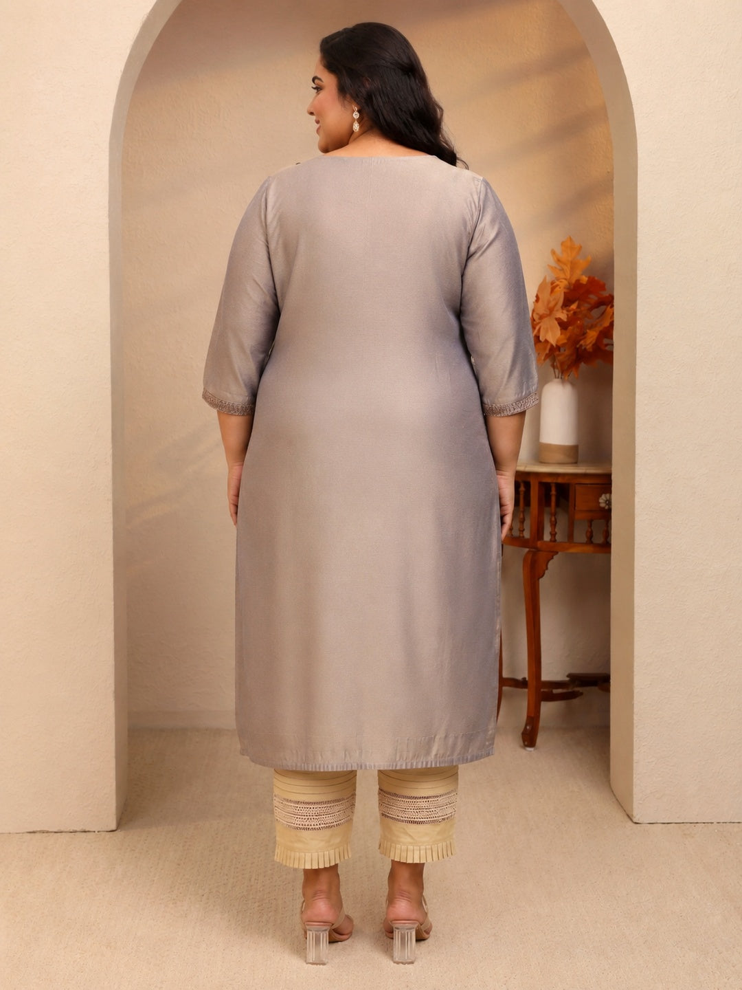 Plus Size Grey Embroidered Silk Straight Kurta