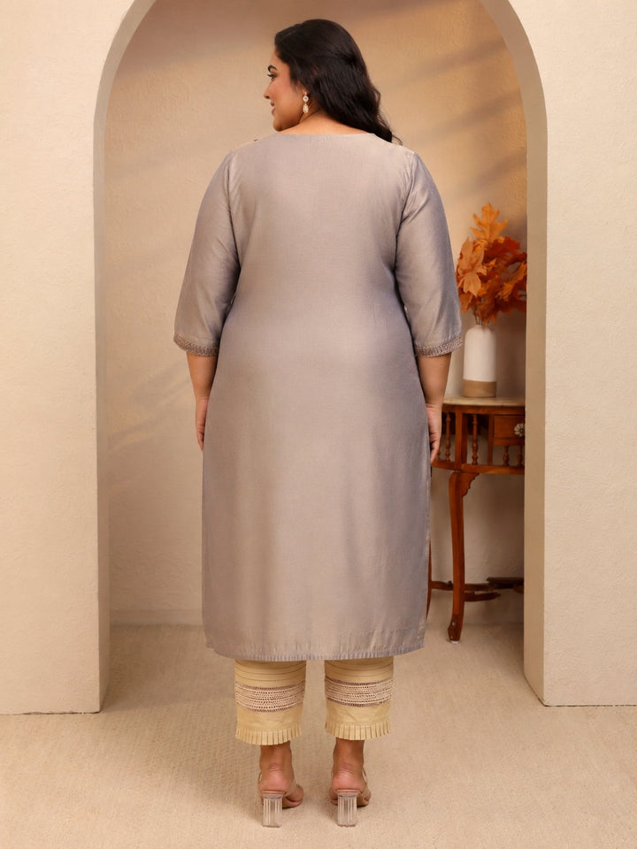 Plus Size Grey Embroidered Silk Straight Kurta
