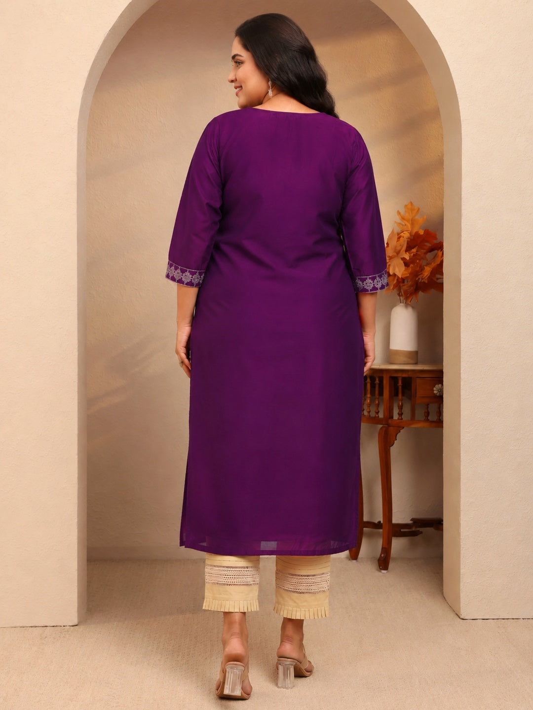 Plus Size Burgundy Embroidered Silk Blend Straight Kurta