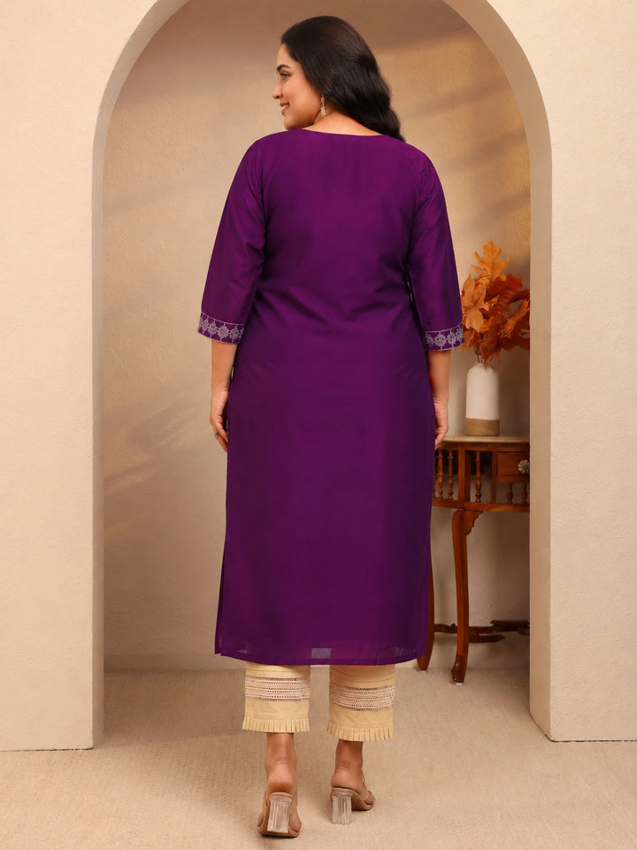 Plus Size Burgundy Embroidered Silk Blend Straight Kurta