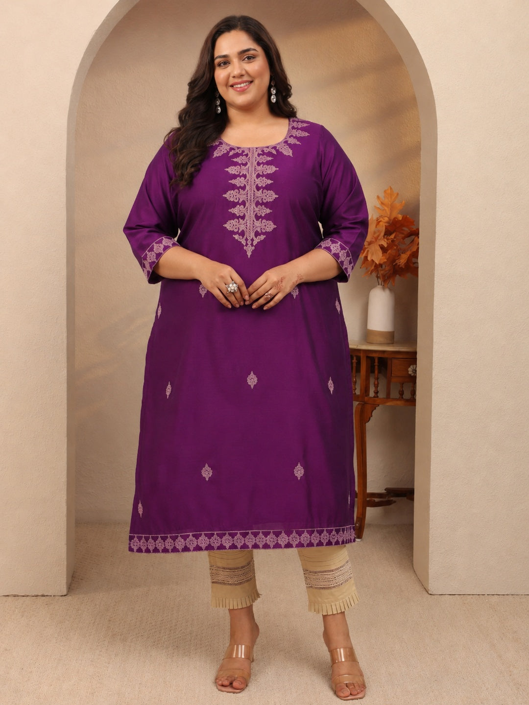 Plus Size Burgundy Embroidered Silk Blend Straight Kurta
