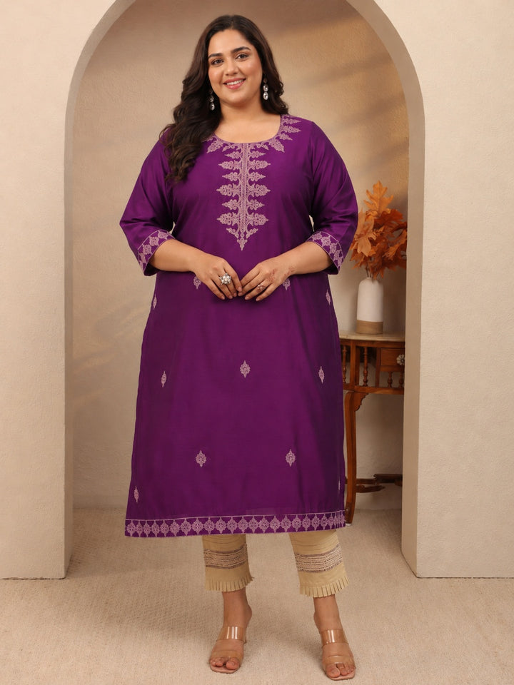 Plus Size Burgundy Embroidered Silk Blend Straight Kurta