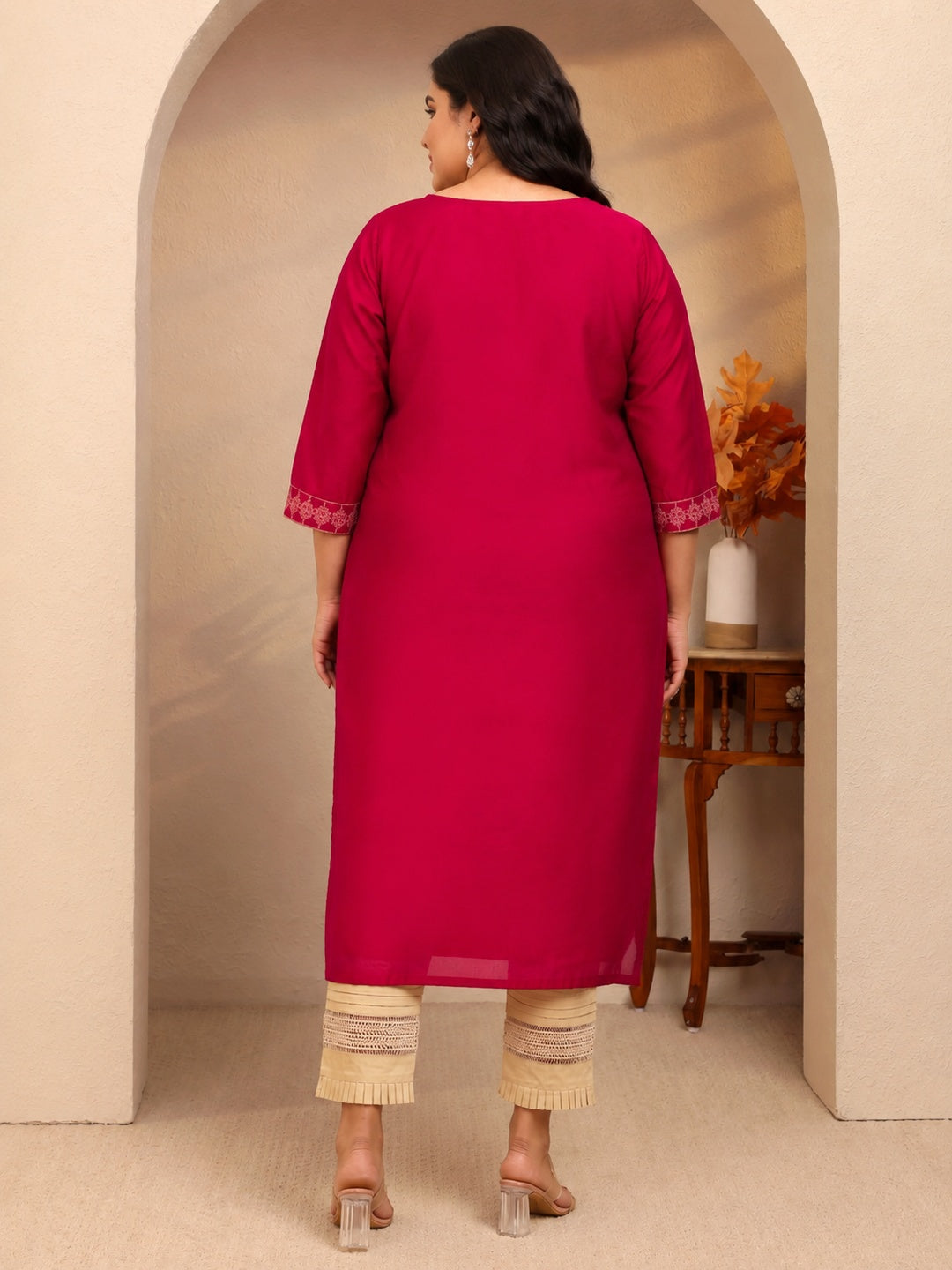 Plus Size Red Embroidered Silk Straight Kurta