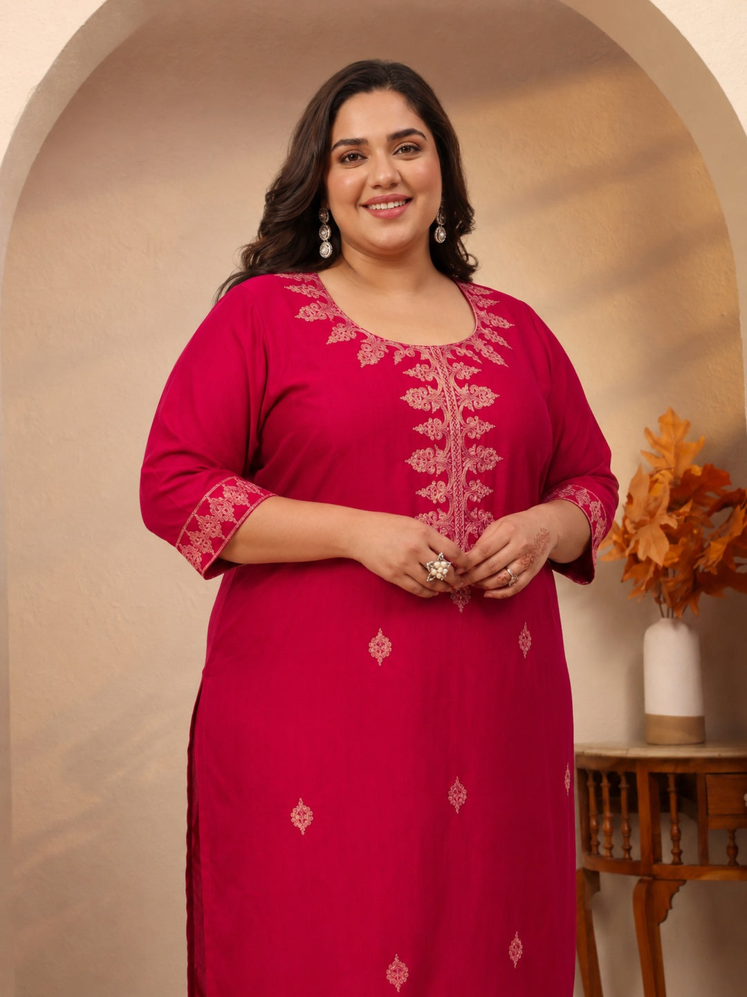 Plus Size Red Embroidered Silk Straight Kurta