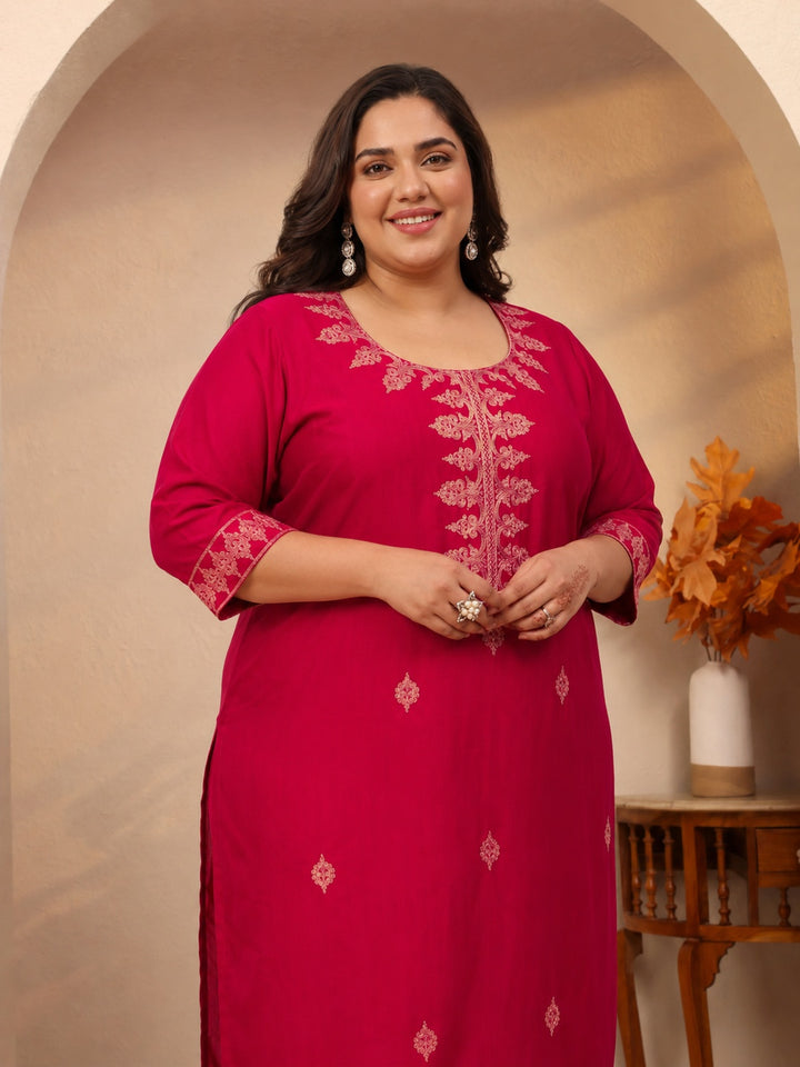 Plus Size Red Embroidered Silk Straight Kurta