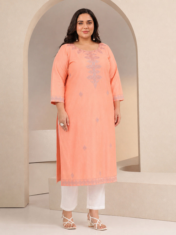 Plus Size Peach Embroidered Silk Blend Straight Kurta
