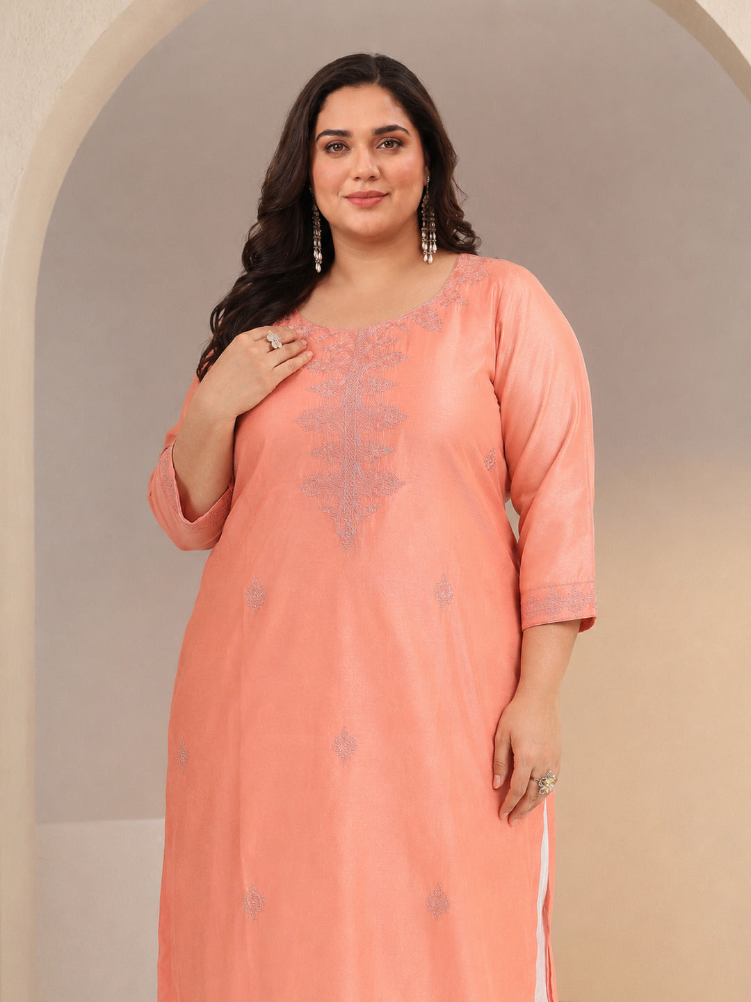 Plus Size Peach Embroidered Silk Blend Straight Kurta