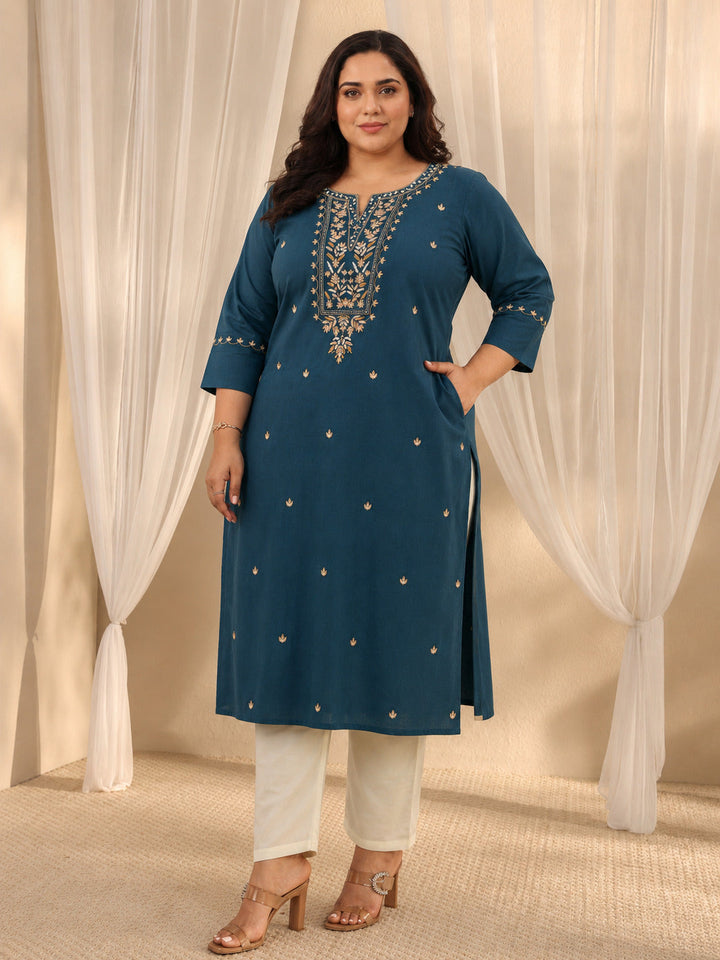 Plus Size Teal Ethnic Motif Embroidered Cotton Straight Kurta