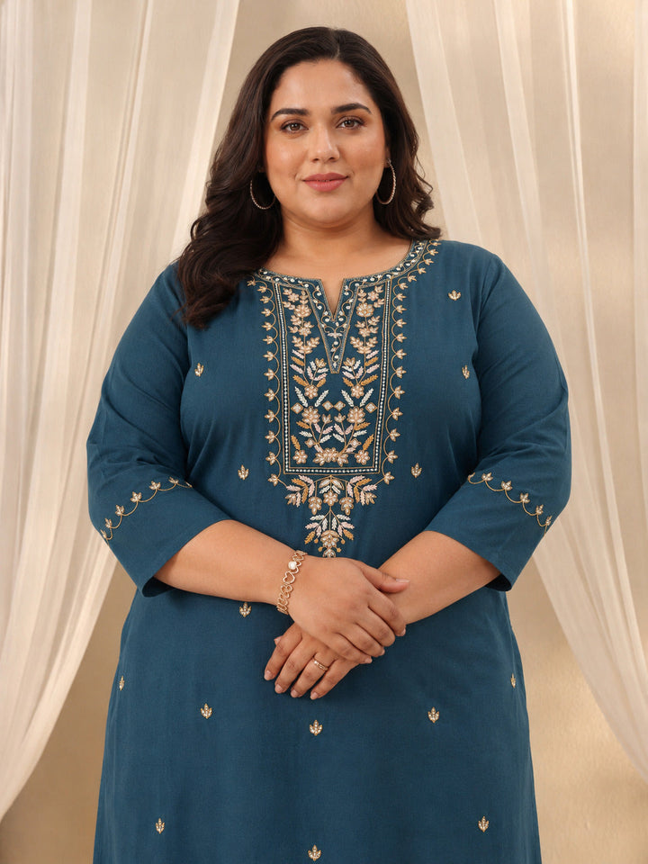 Plus Size Teal Ethnic Motif Embroidered Cotton Straight Kurta