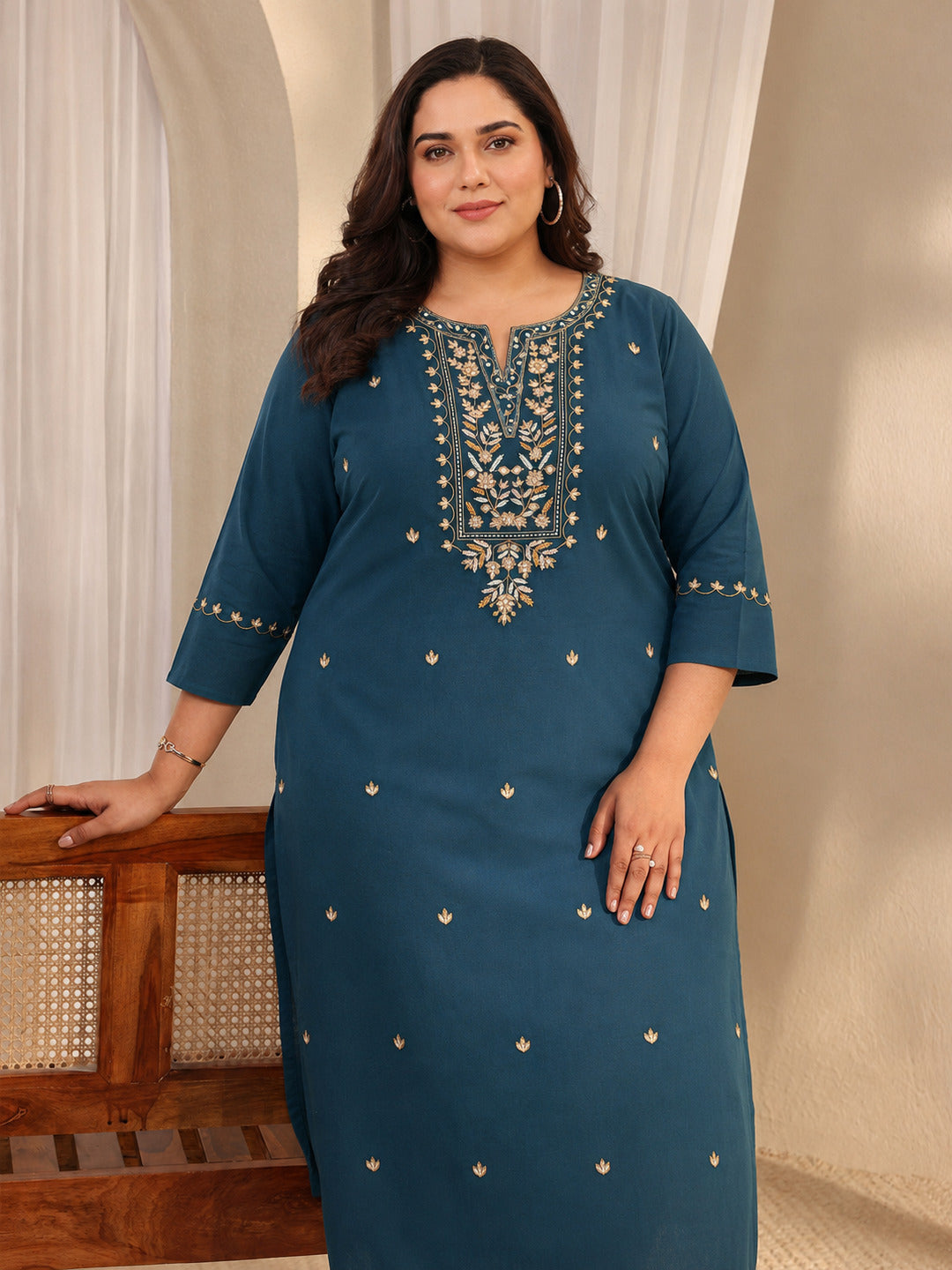 Plus Size Teal Ethnic Motif Embroidered Cotton Straight Kurta
