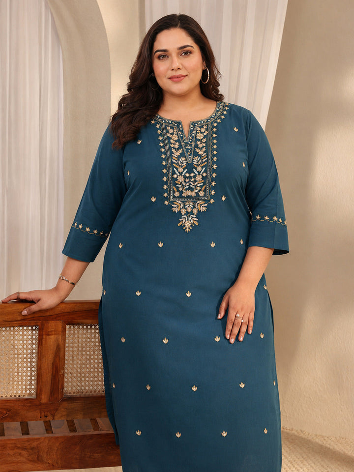 Plus Size Teal Ethnic Motif Embroidered Cotton Straight Kurta