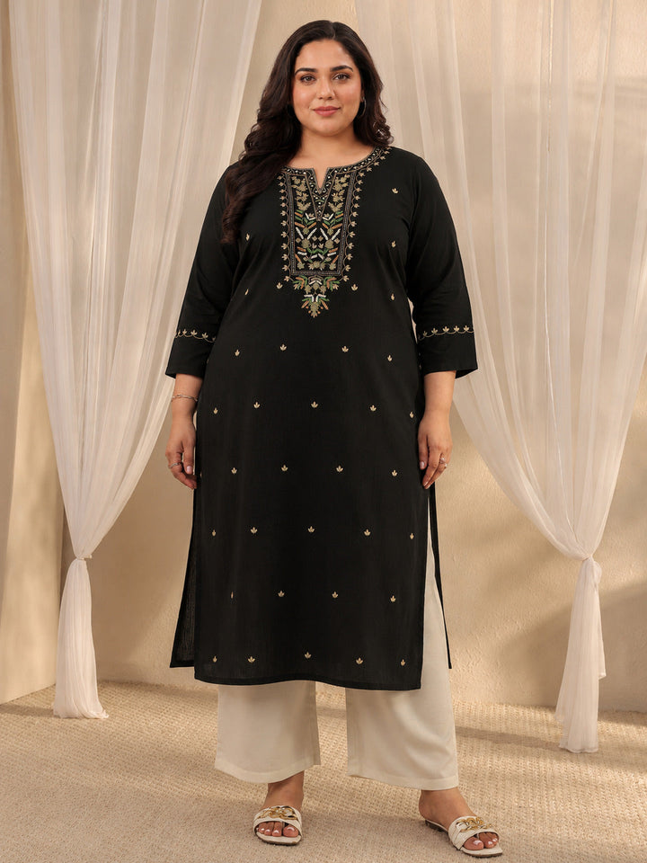 Plus Size Black Ethnic Motif Embroidered Cotton Straight Kurta