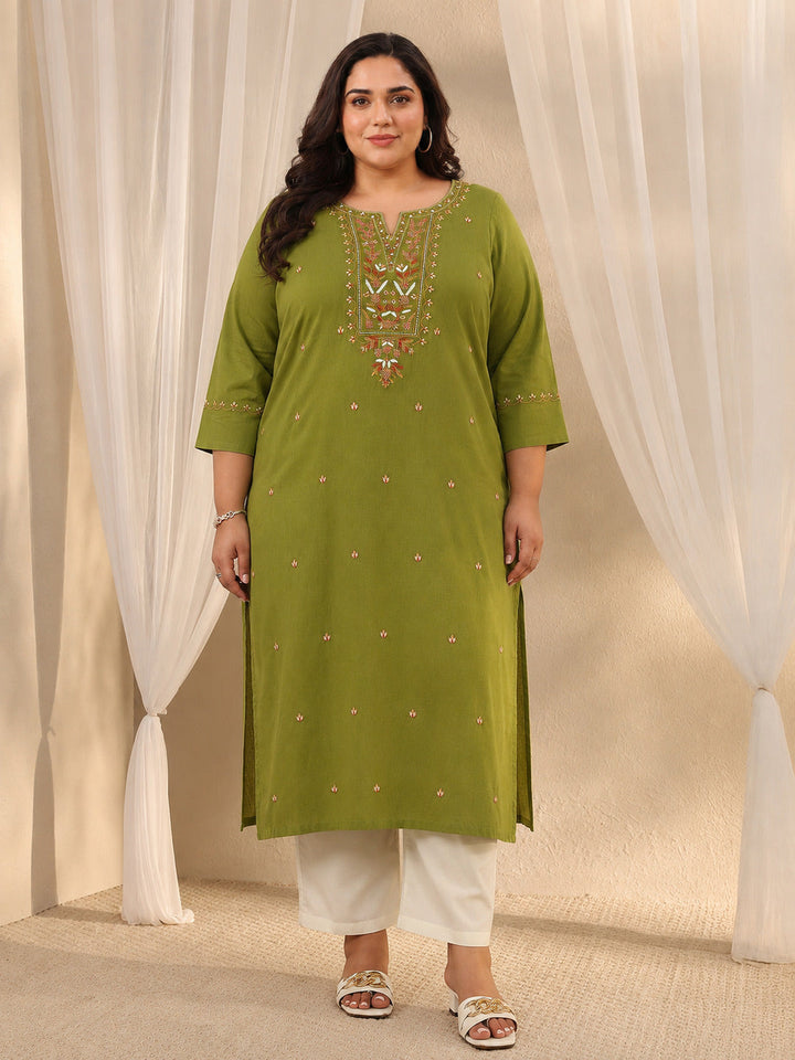 Plus Size Green Ethnic Motif Embroidered Cotton Straight Kurta