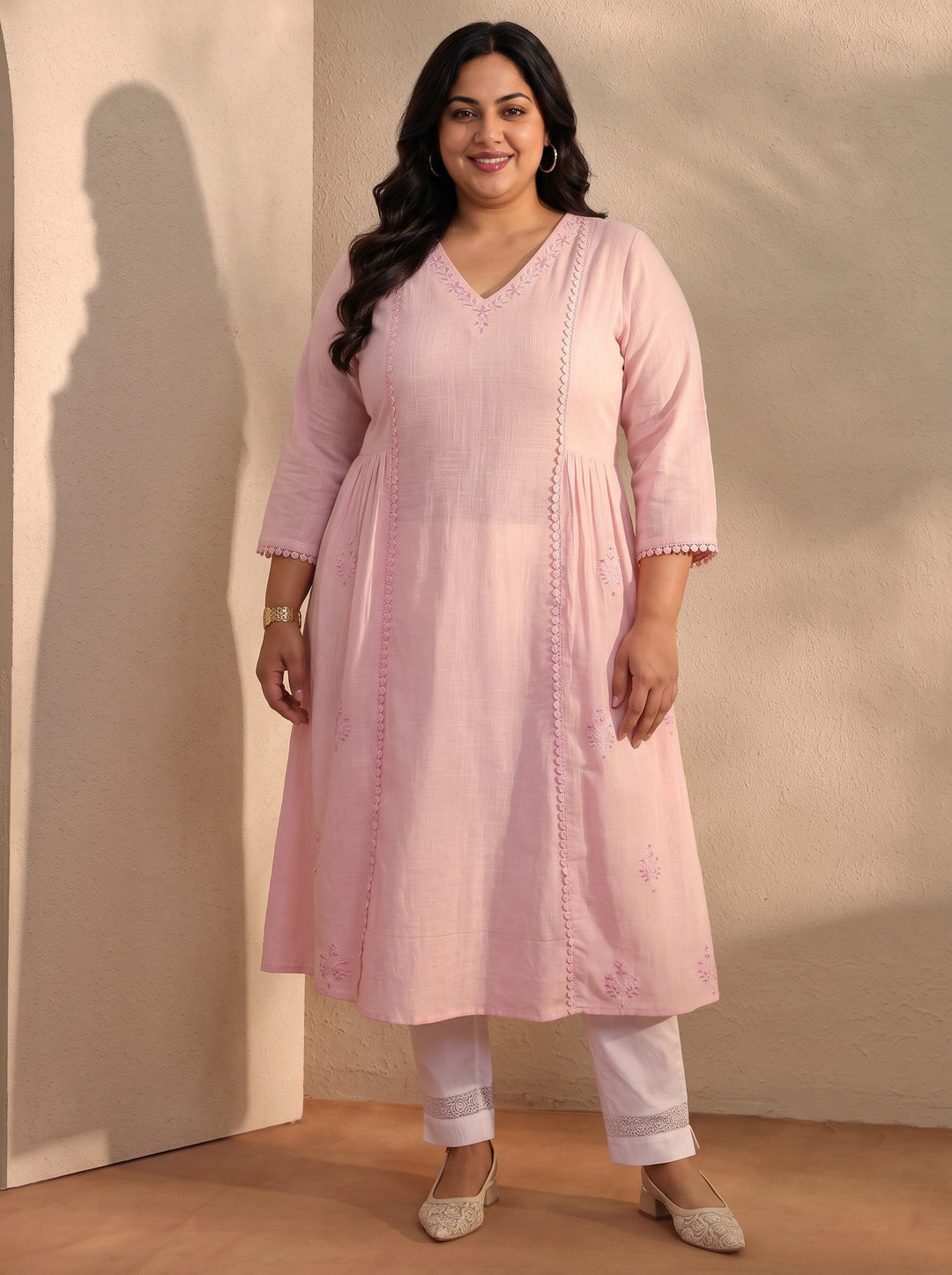Plus Size Pink Embroidered Cotton A-Line Kurta