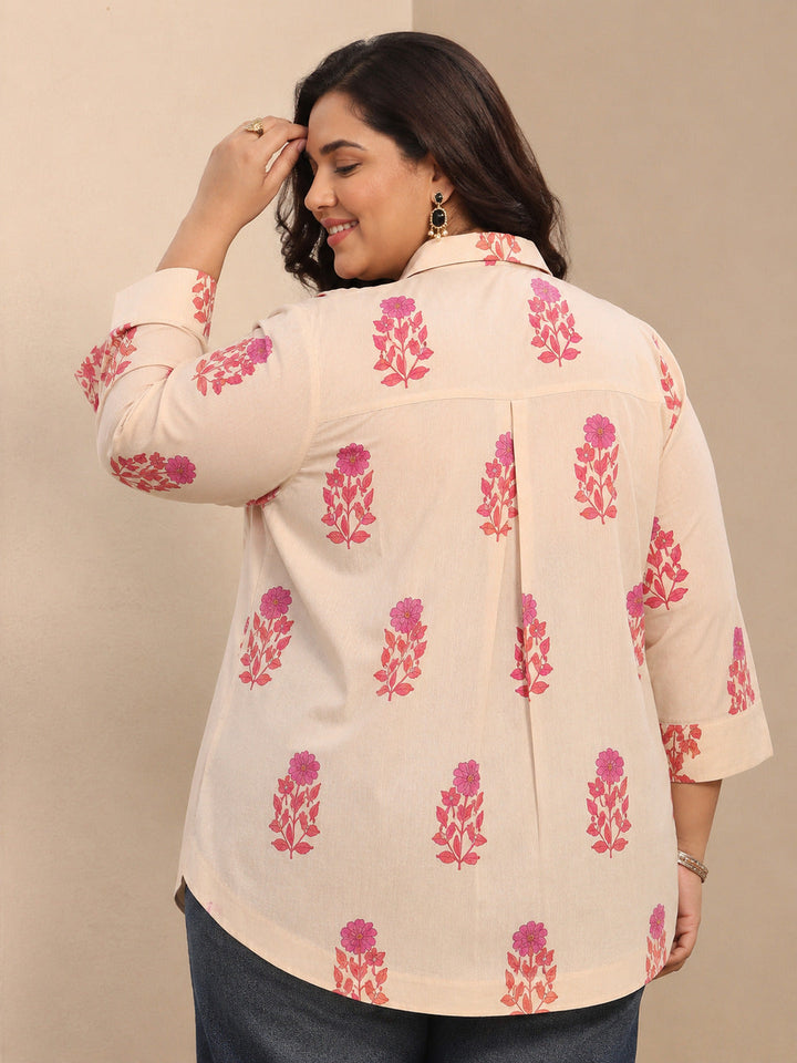 Plus Size Off White Floral Printed Cotton Shirt