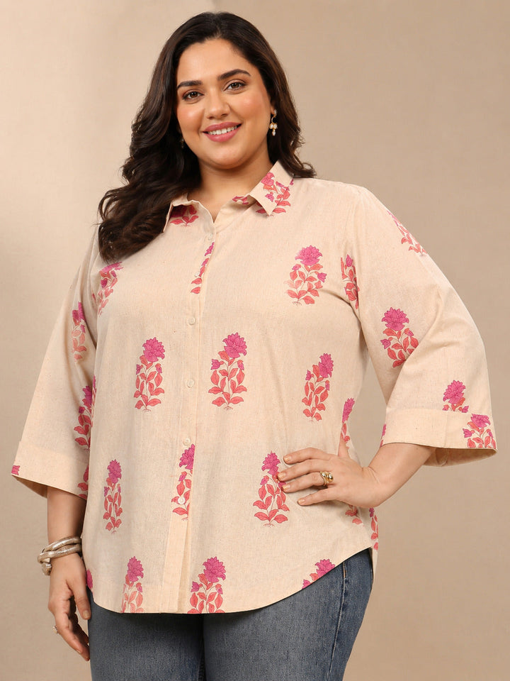 Plus Size Off White Floral Printed Cotton Shirt