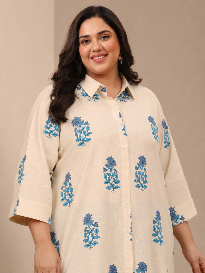 Plus Size Off White Floral Printed Cotton Shirt