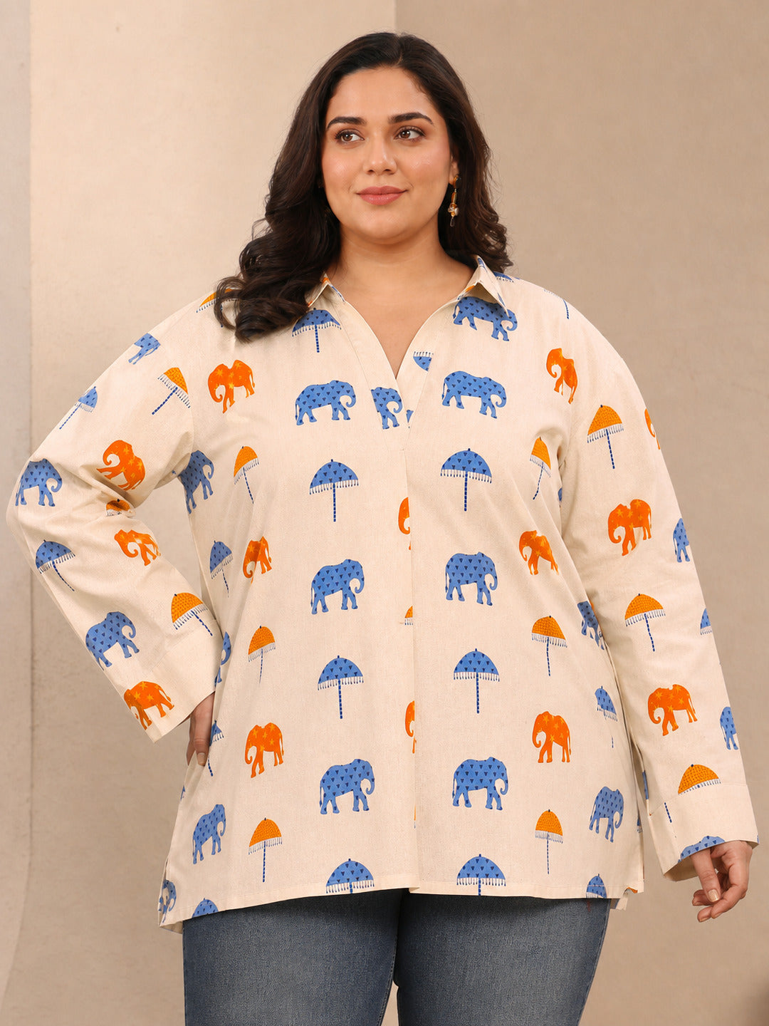 Plus Size Off White Humanoid Printed Cotton Straight Short Kurti
